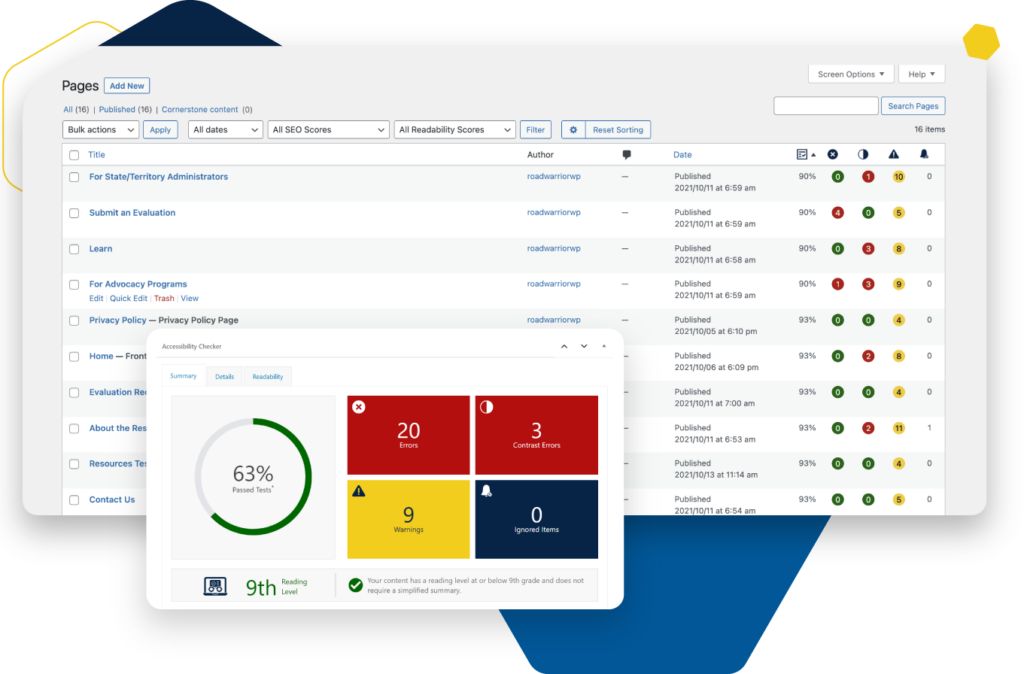 Detailed dashboard interface of a WordPress accessibility plugin showing controls for screen readers, color contrast, and automated WCAG compliance checks.