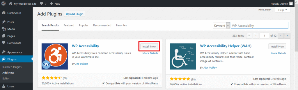 Screenshot of WordPress accessibility plugin interfaces and WCAG compliance symbols