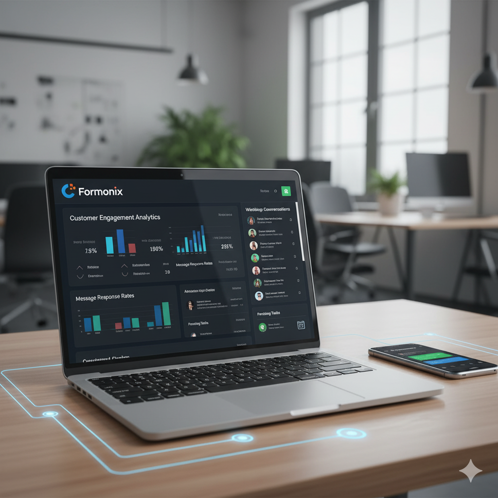 A laptop on a desk displaying a White Label WhatsApp CRM dashboard branded with the Formonix logo. The screen shows integrated WhatsApp chats, customer analytics, and task management, illustrating a powerful communication and relationship management tool.