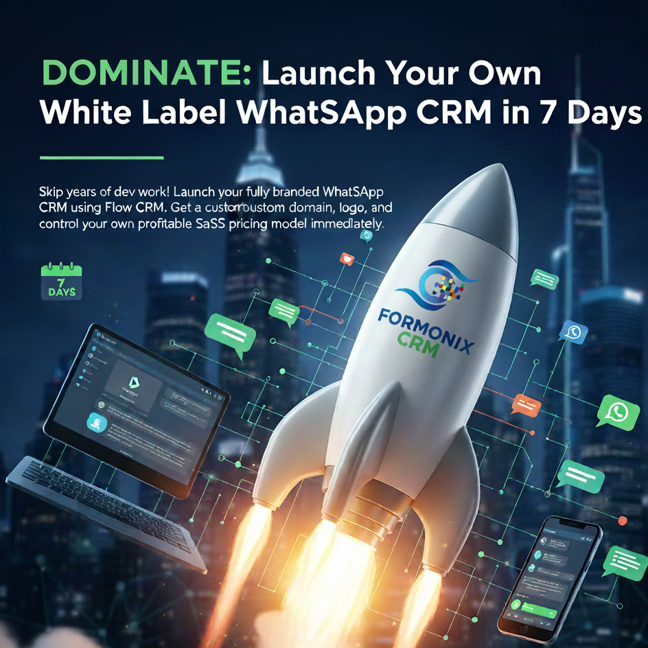 A rocket launching from a city skyline, symbolizing the fast deployment of a White Label WhatsApp CRM. A laptop shows a customizable CRM dashboard and a phone displays WhatsApp chats.